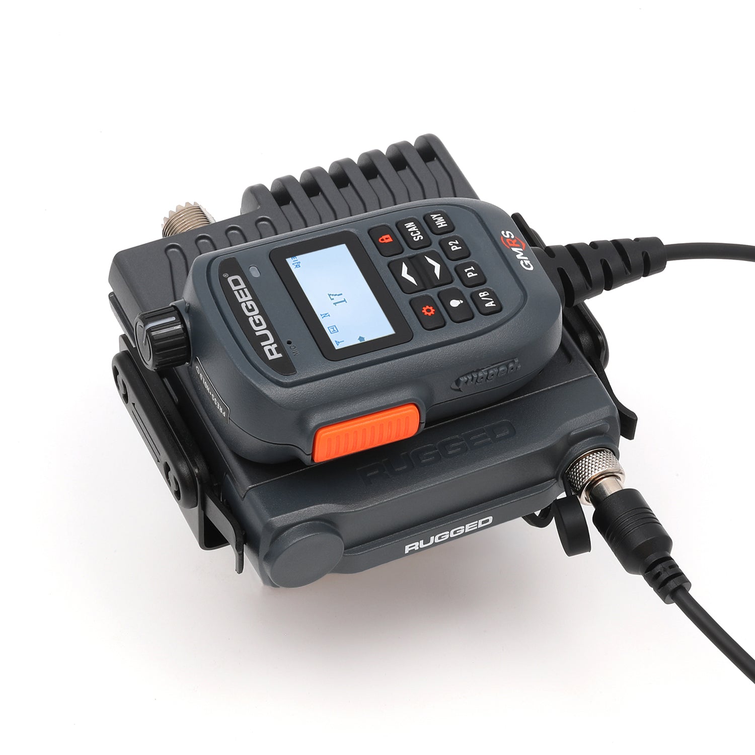G2 Mini GMRS radio with hand mic resting on the chassis