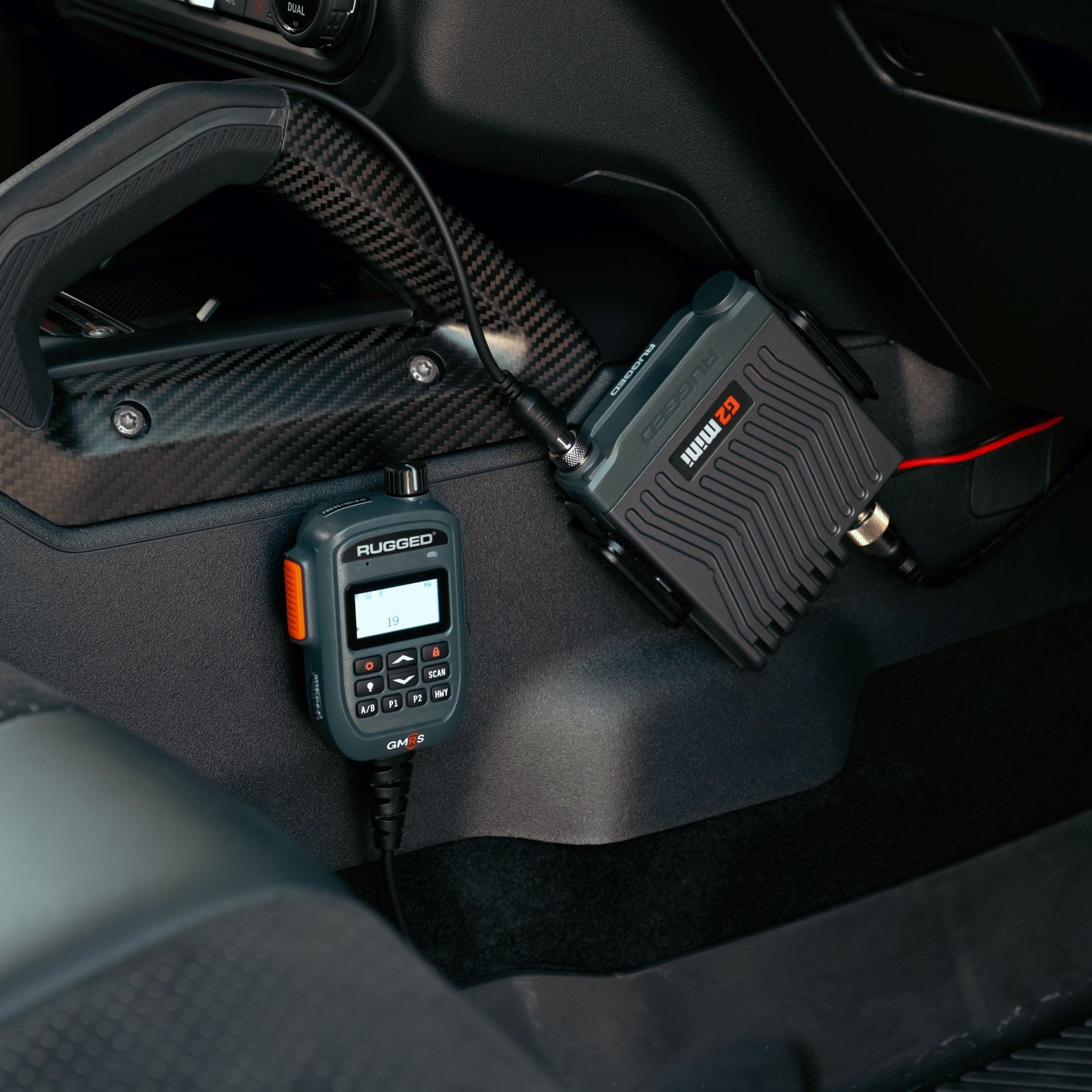 G2 Mini radio chassis and hand mic installed in an off-road vehicle