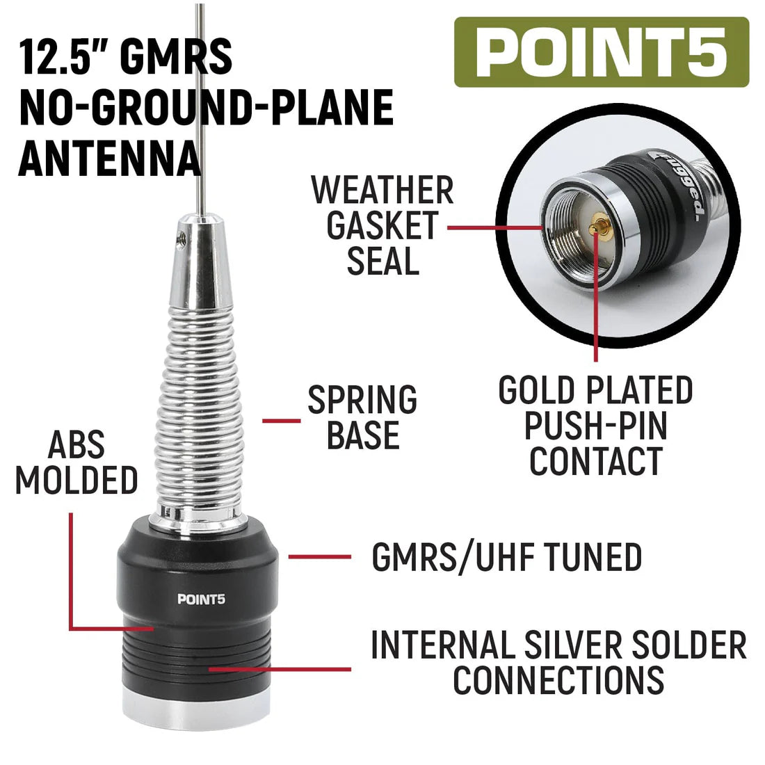 POINT5 no-ground-plane GMRS tuned antenna features